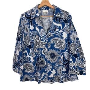 Coldwater Creek Womens Sz 1X Paisley Floral Blue White 3/4 Sleeve Button Up Top